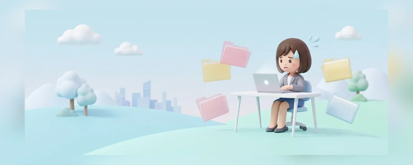 パソコンの前で求人が見つからず悩む女性の3Dイラスト