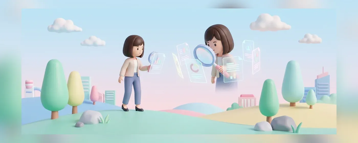虫眼鏡を使って複数の書類を注意深く比較する女性の3Dイラスト