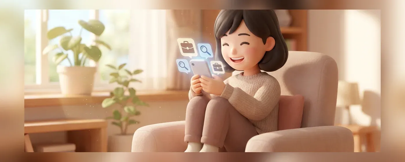 明るい部屋でスマートフォンを見ながら笑顔で求人を探す女性