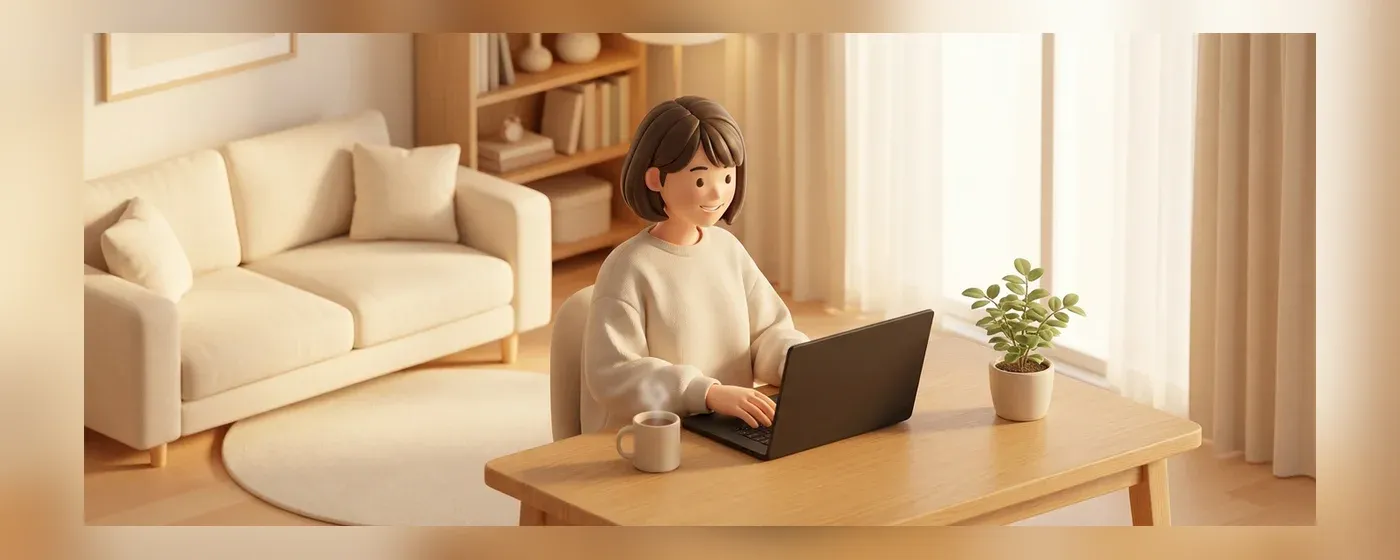 自宅のリビングでコーヒーを飲みながらパソコンに向かう女性