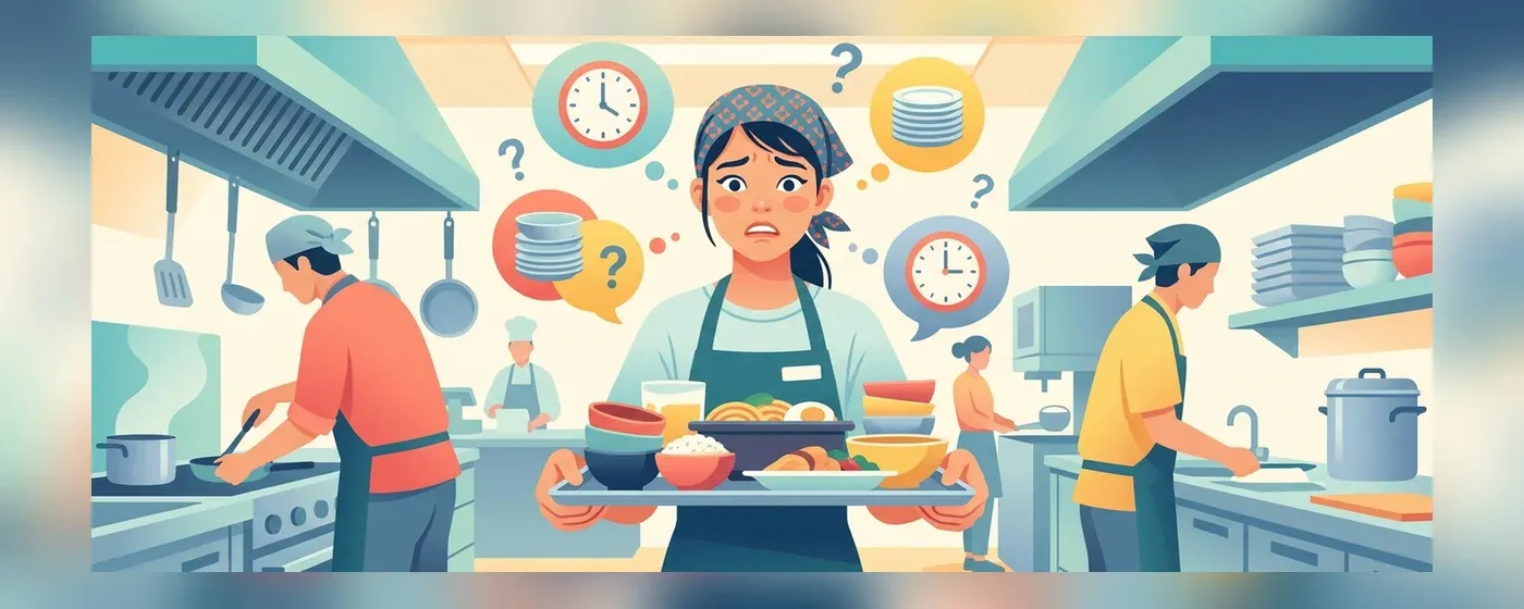 飲食店の厨房で不安そうに立ち尽くす若手スタッフのイラスト