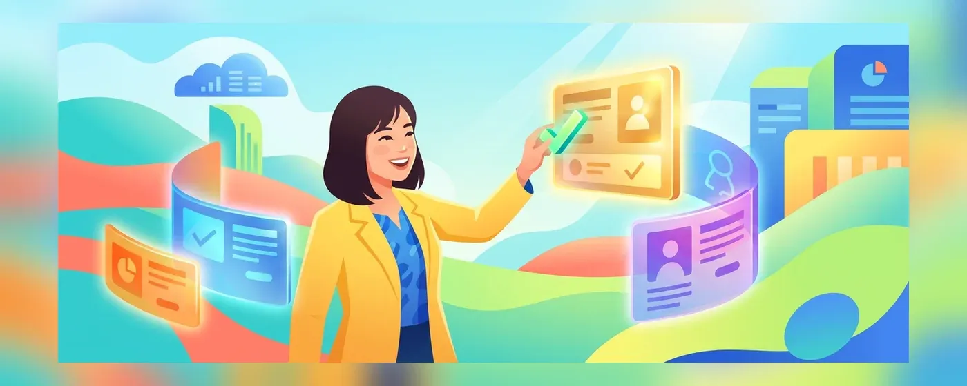 複数の求人票を比較して笑顔でチェックマークをつける人物のイラスト