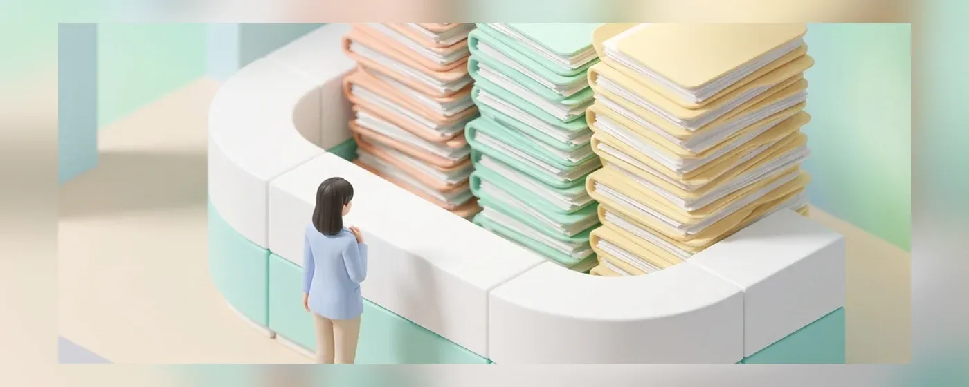 山積みの書類や大きな病院の受付を見上げて立ち尽くす女性
