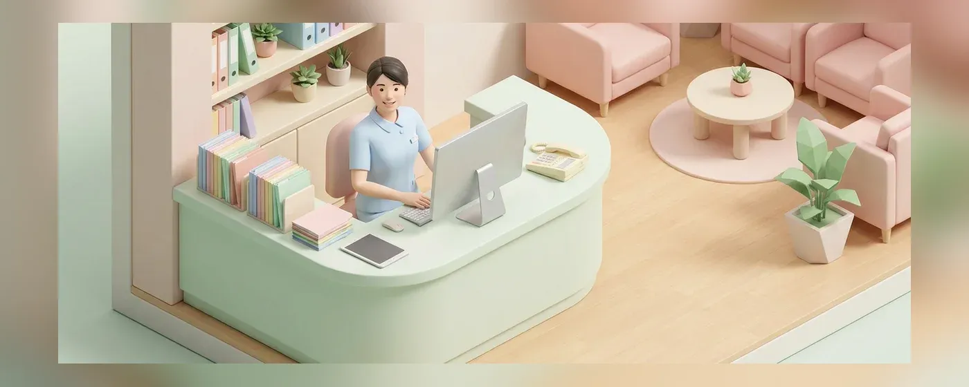 綺麗なクリニックの受付カウンターでパソコン作業やカルテ整理をする女性スタッフ