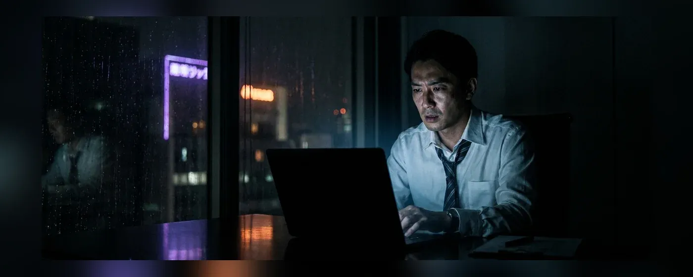暗いオフィスでパソコンの画面を見つめながら悩む男性社員