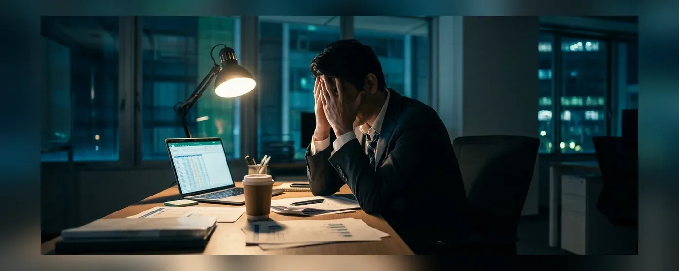暗いオフィスで頭を抱えて疲労困憊する40代の男性社員