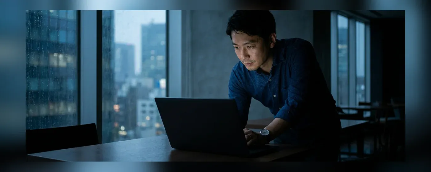 夜にノートパソコンを開き真剣な表情で画面を見つめる40代男性