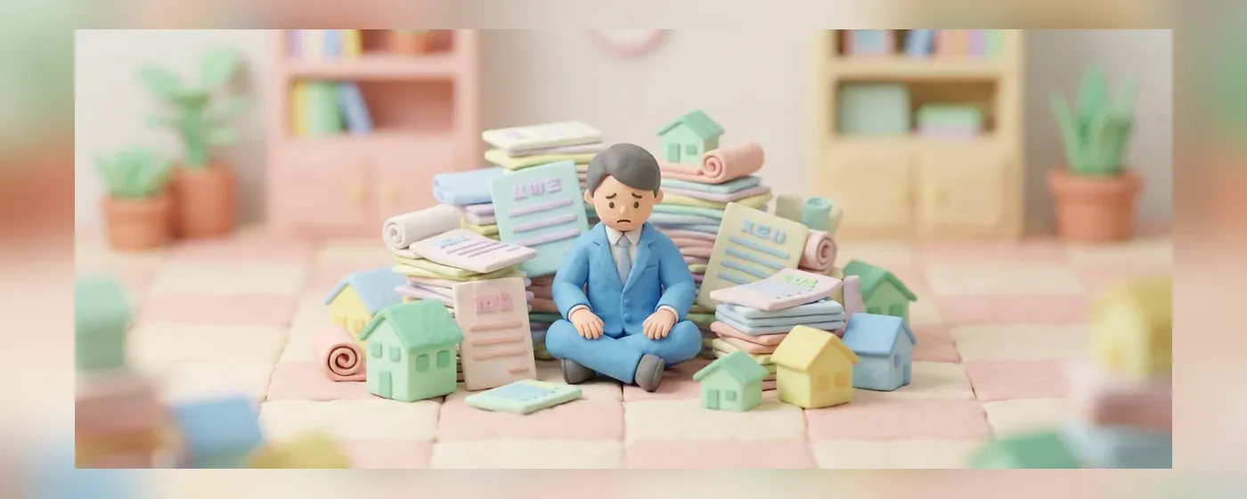 大量の求人書類と家の模型に囲まれて不安そうに悩む若手ビジネスパーソン