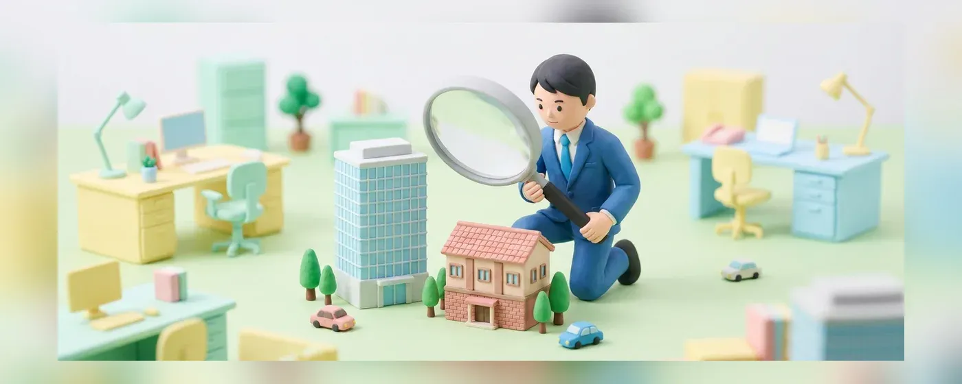 大きな虫眼鏡を持って2つの建物の模型を慎重に見比べるビジネスパーソン