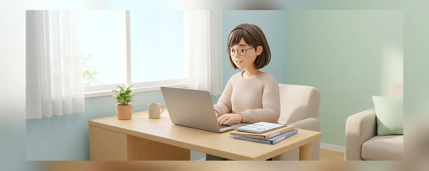 明るい自宅のデスクでパソコンを使って仕事をする女性