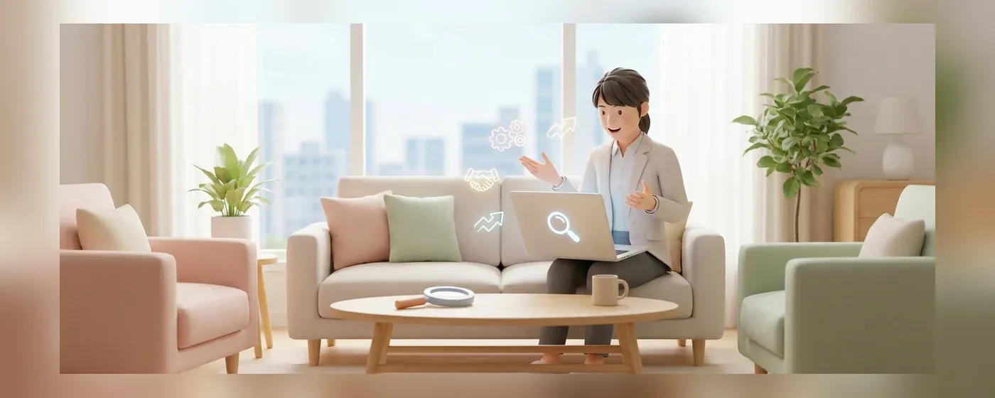 リビングでノートパソコンを開き笑顔で仕事を探す若者