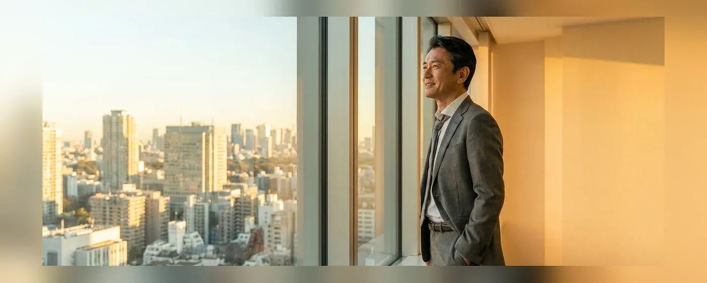 明るい窓辺で希望の表情を浮かべる50代のビジネスマン