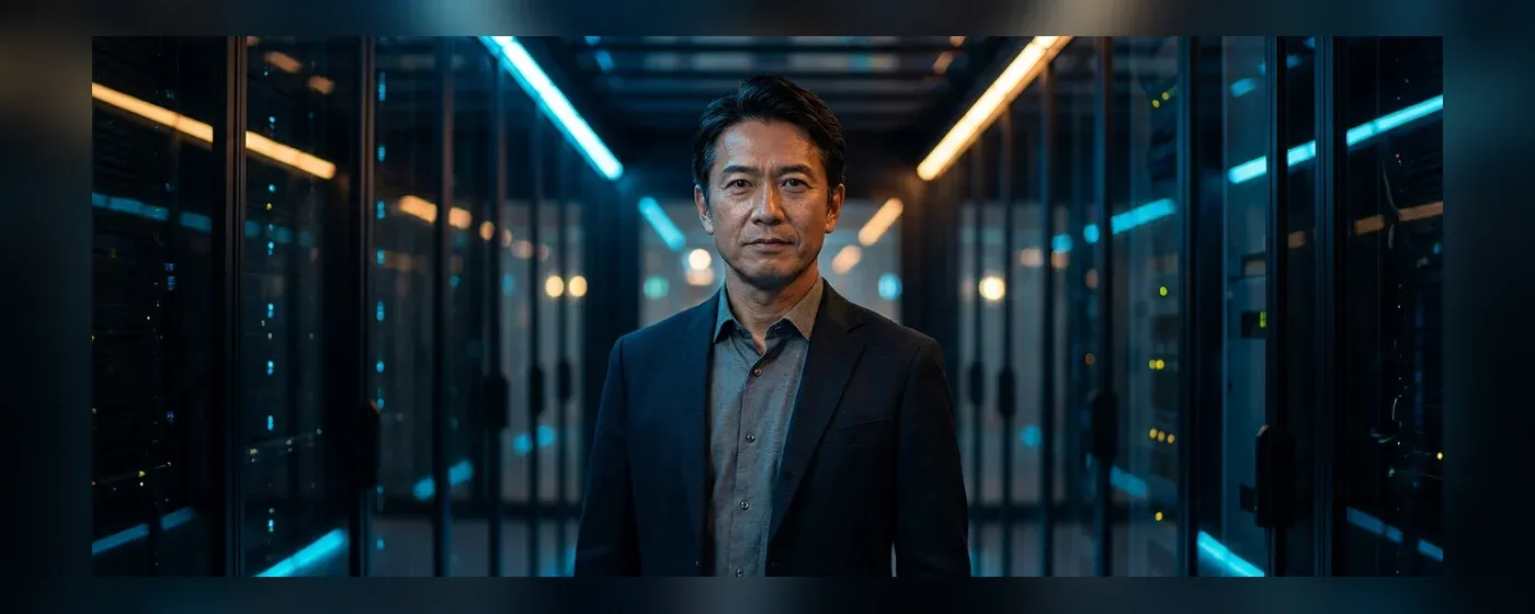 ネオンブルーとアンバーの光の中で自信に満ちた表情で前を見据えるミドル世代の男性エンジニア
