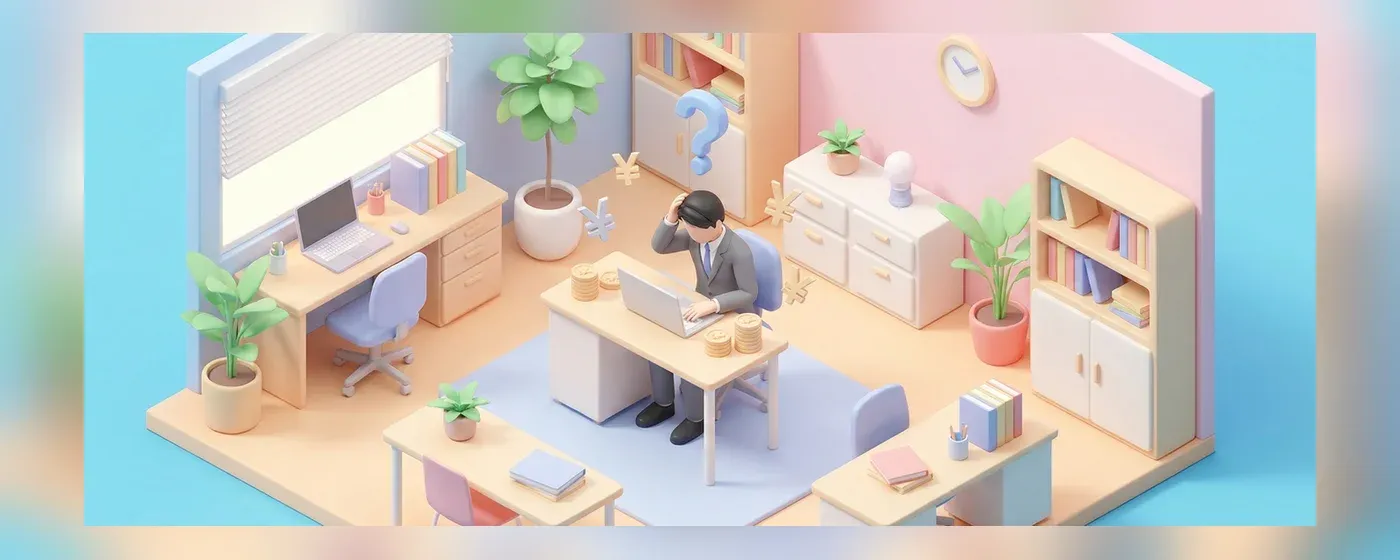パソコンの前で悩むビジネスパーソンの3Dイラスト