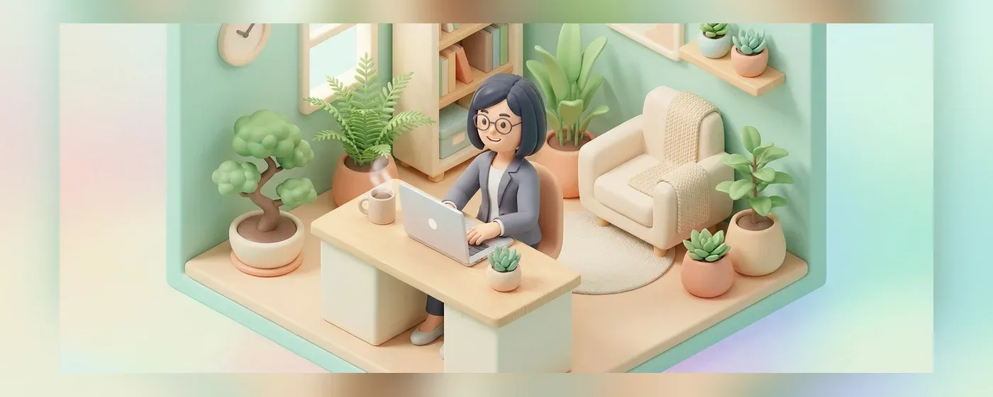 自宅のデスクで快適にパソコン作業をする人の3Dイラスト
