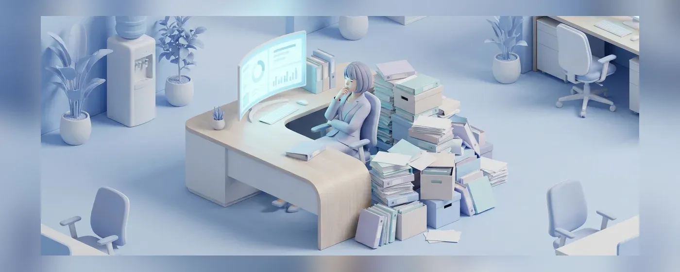 パソコンと書類の山に囲まれて悩む女性社員の3Dイラスト