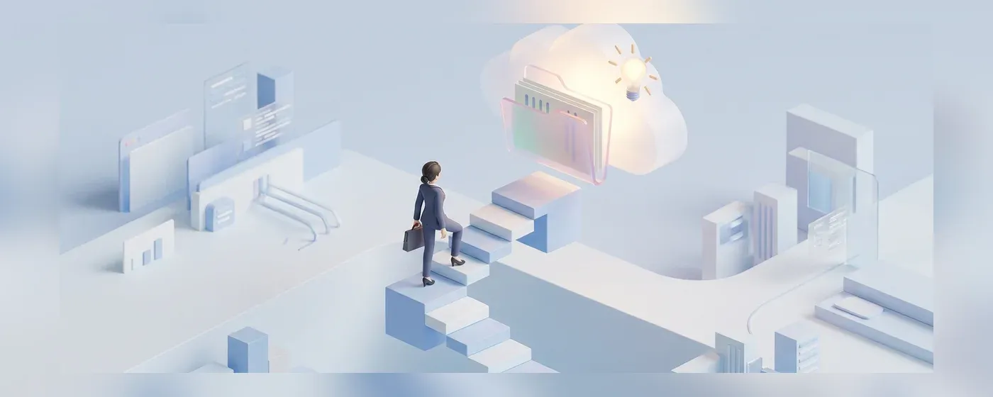 階段を上り光り輝く書類に向かう女性社員の3Dイラスト