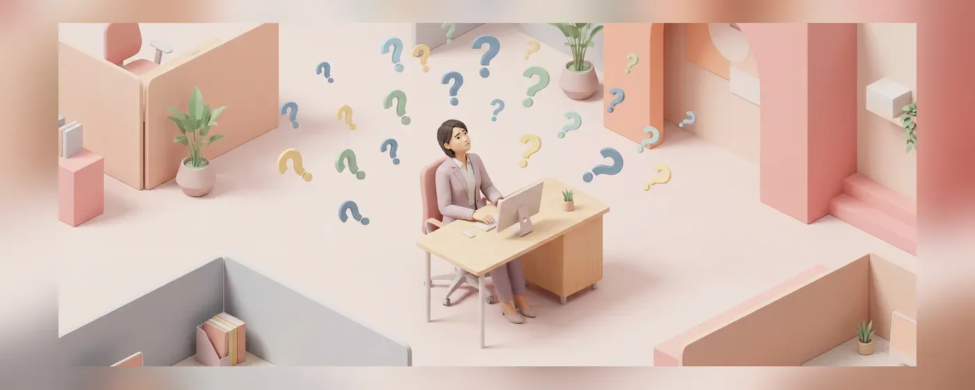 新しいオフィスのデスクで少し緊張して座っている若手社員の3Dイラスト