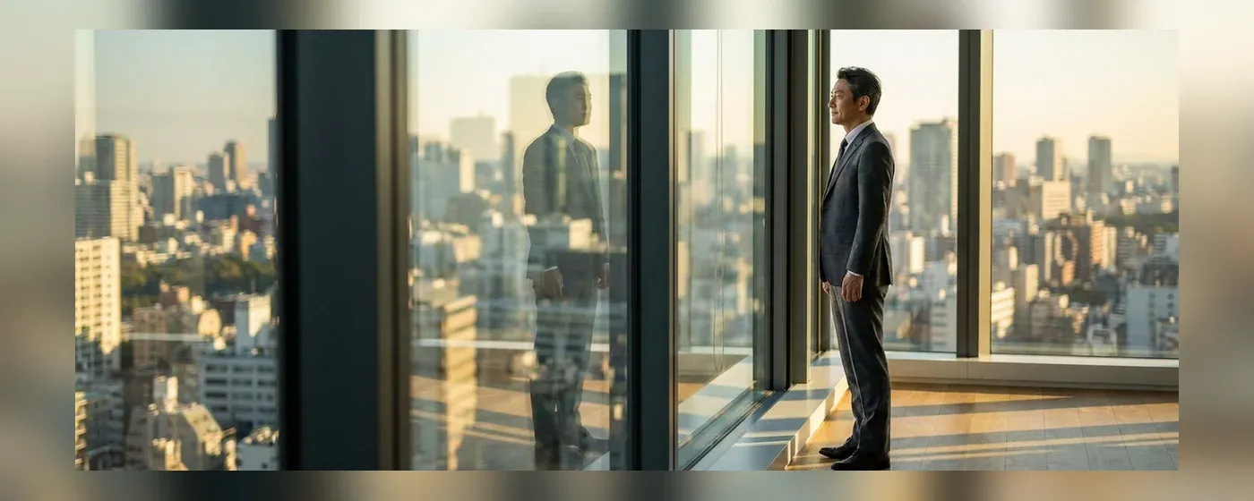 夕暮れの窓際で物思いにふける50代の男性ビジネスマン