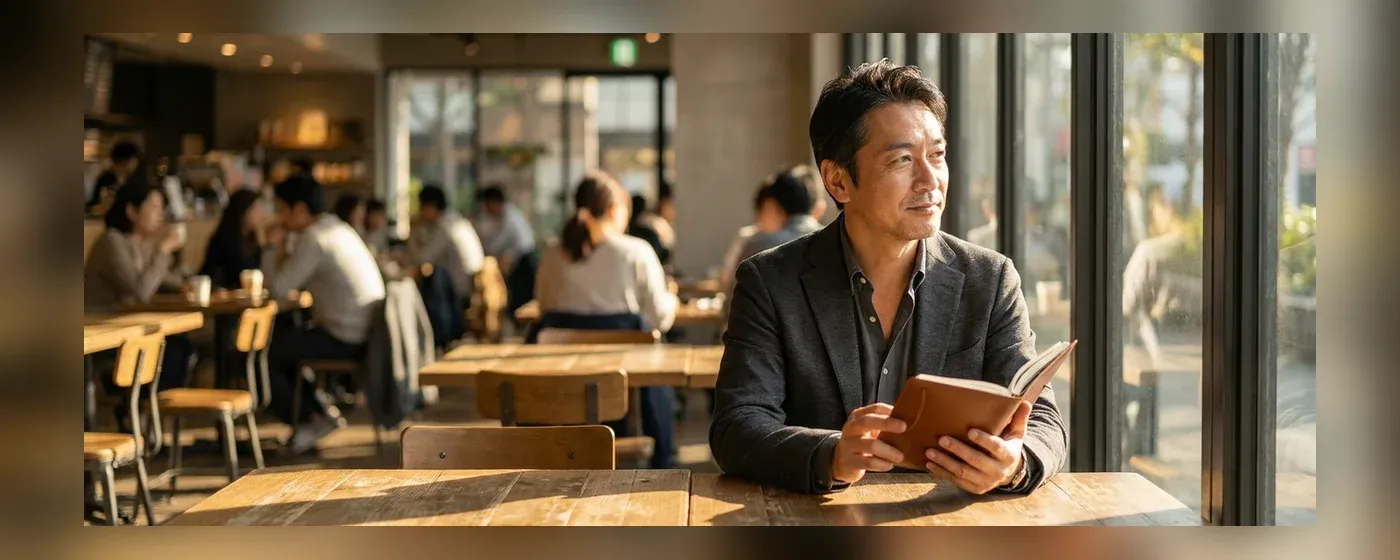 カフェでノートを開き落ち着いた表情で考える50代の男性