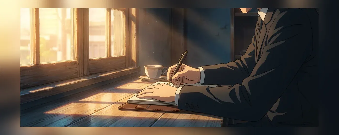 窓際で光を浴びながらノートにペンで書き込んでいる手元