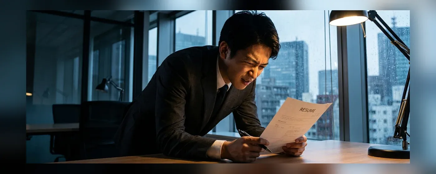 履歴書を見つめながら不安そうに考えるスーツ姿の人物