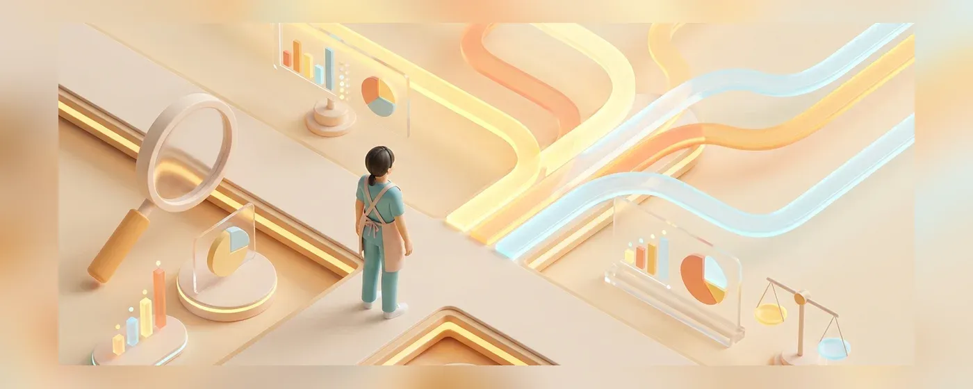 複数の選択肢やチャートを見比べる介護職員のイラスト