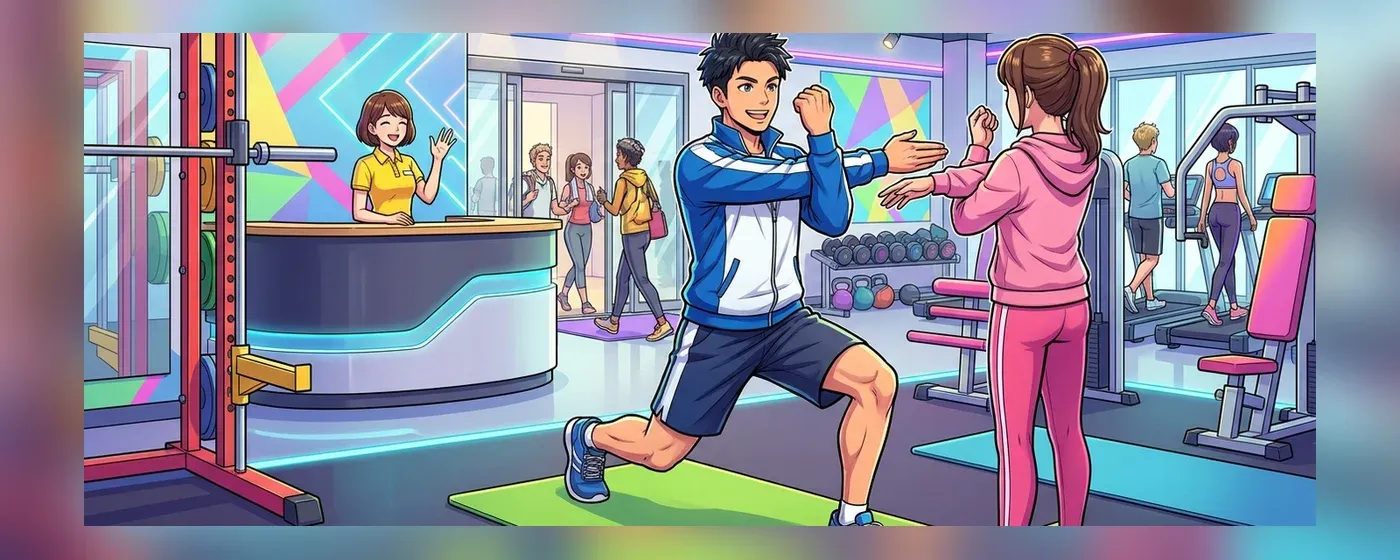 スポーツジムでストレッチを指導するトレーナーと受付スタッフ