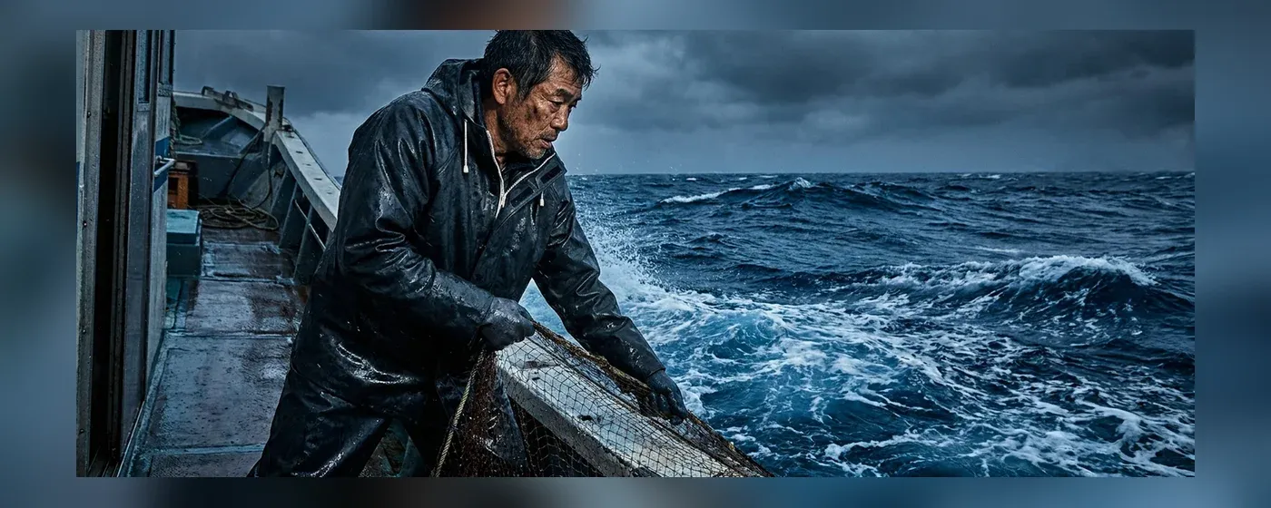 荒波の海上で作業をする漁師
