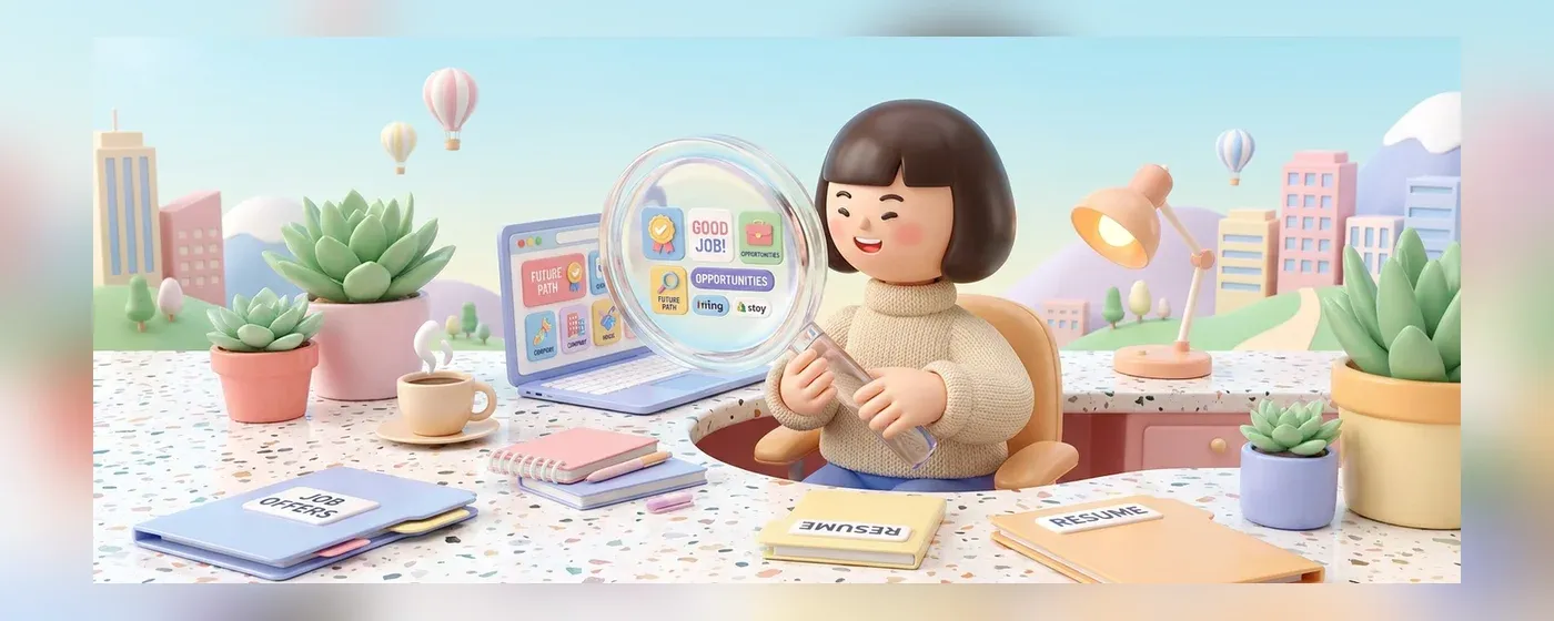 パソコンと大きな虫眼鏡を使って求人情報を探すミニチュアの人物