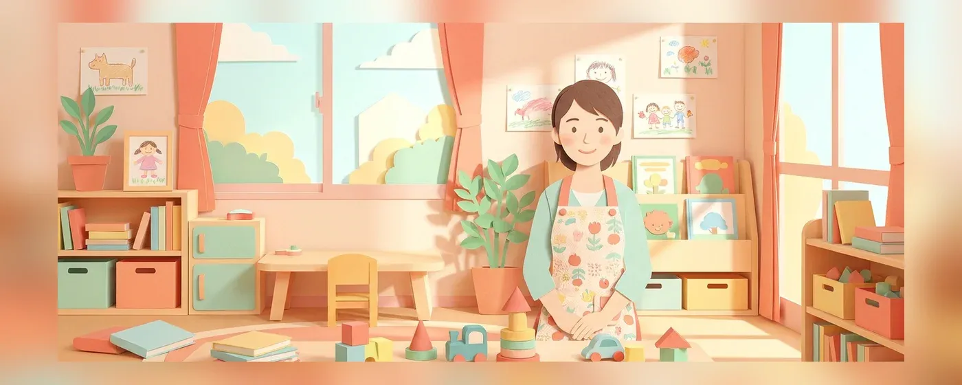 エプロン姿でカラフルなおもちゃや絵本を片付ける笑顔の女性
