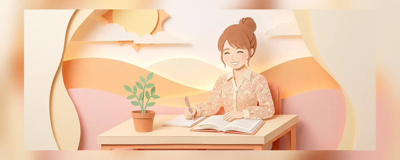 机に向かってテキストを開きノートに書き込みながら勉強する女性