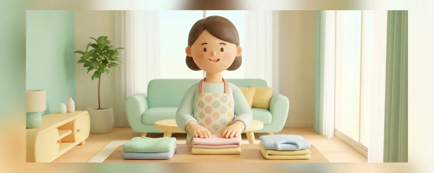 笑顔で洗濯物を畳むエプロン姿の女性