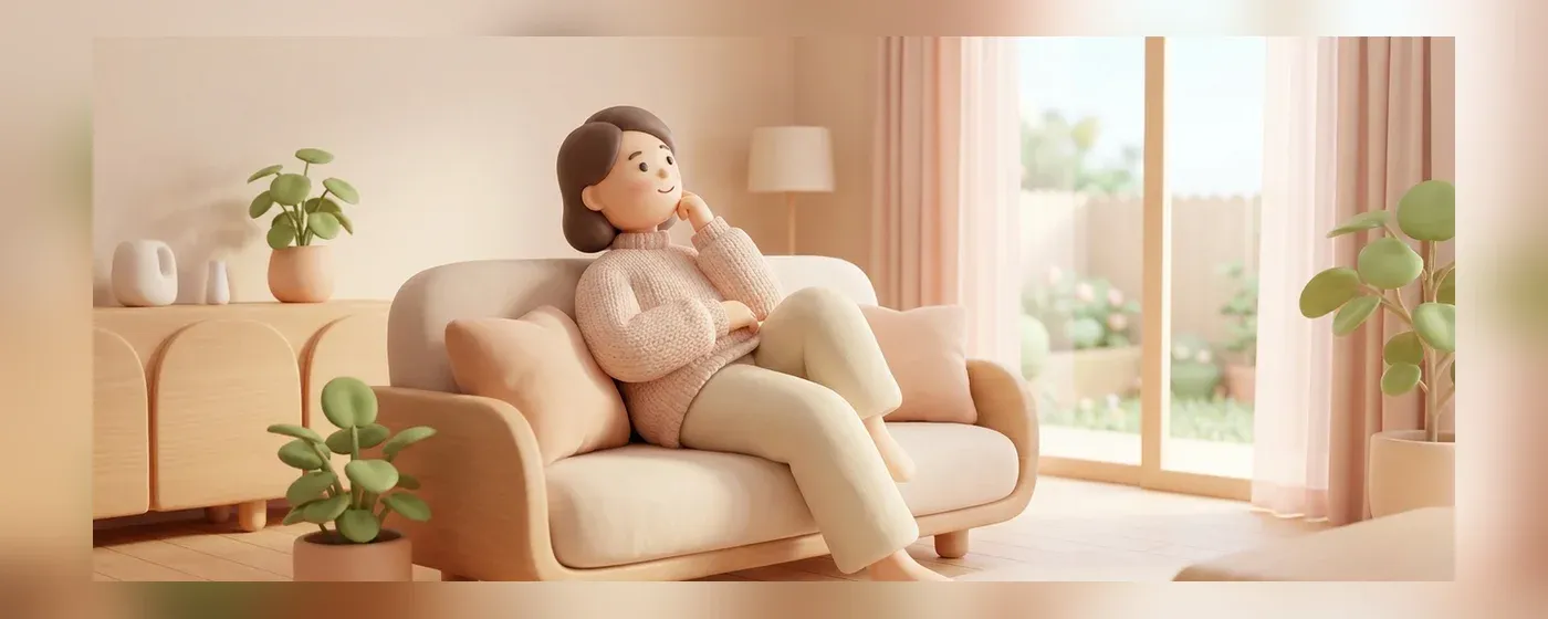 ソファでくつろぎながら笑顔で考える女性