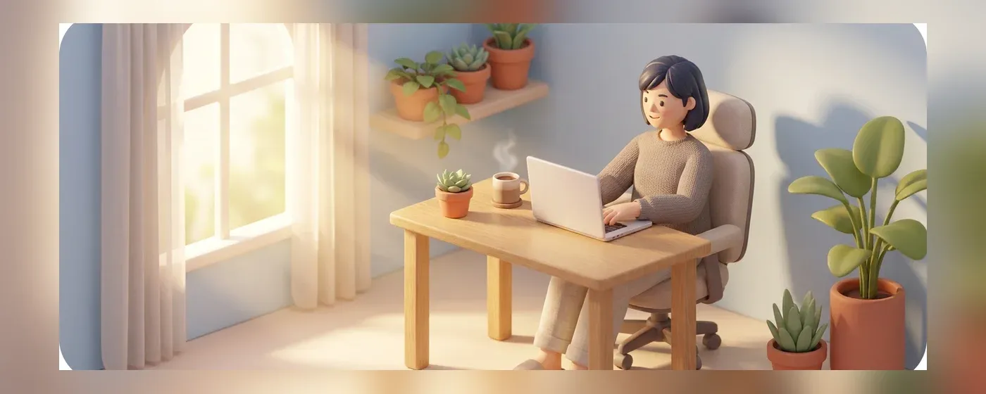 観葉植物が置かれた自宅のデスクでリラックスしてパソコン作業をする人