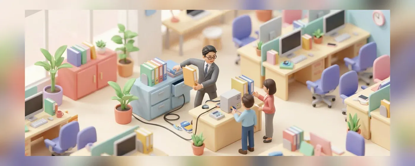 オフィスの様々な場所で業務をこなす総務スタッフのミニチュア