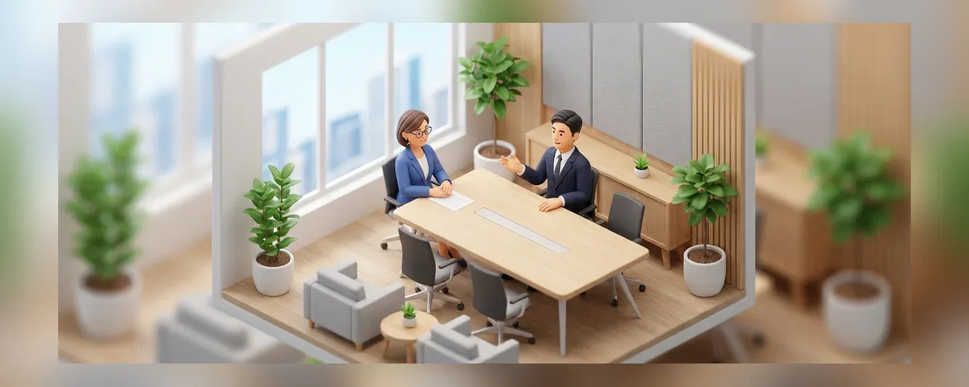 面接官と向かい合って自信を持って話す候補者のミニチュア