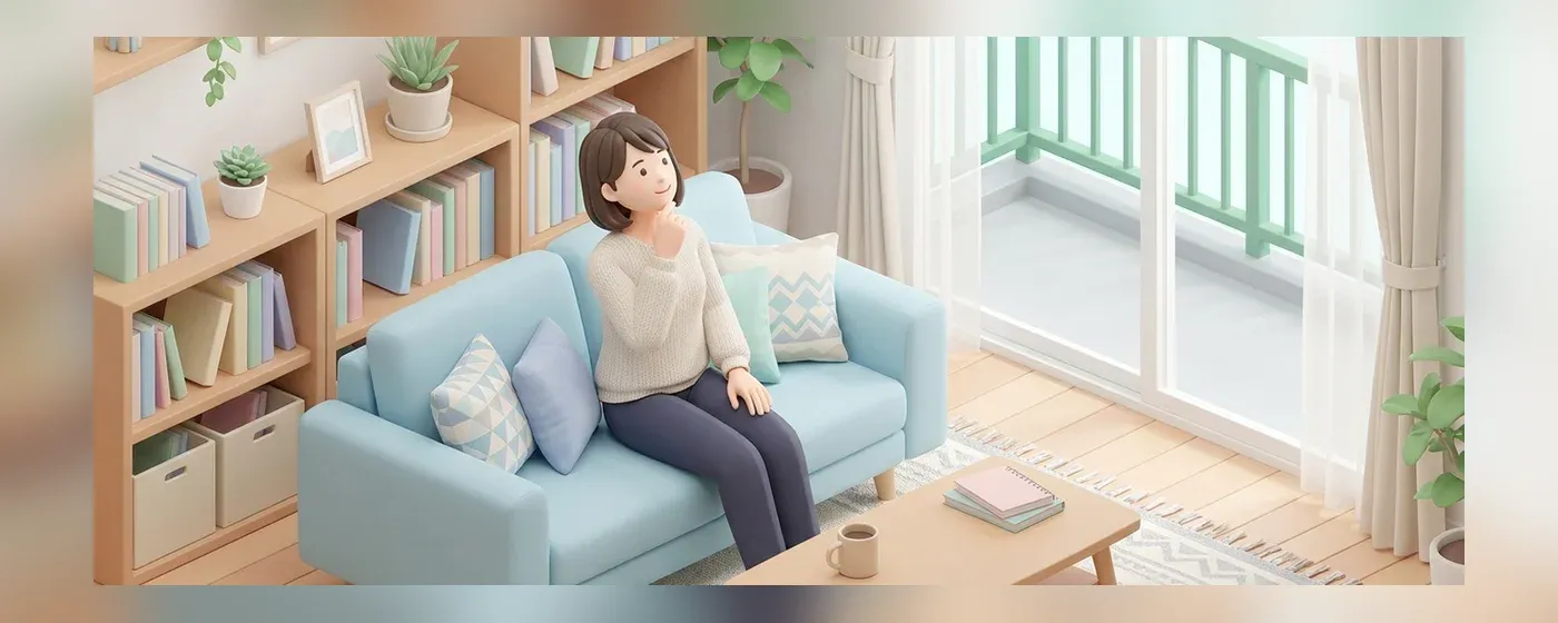 ソファに座り穏やかな表情で考え事をする人