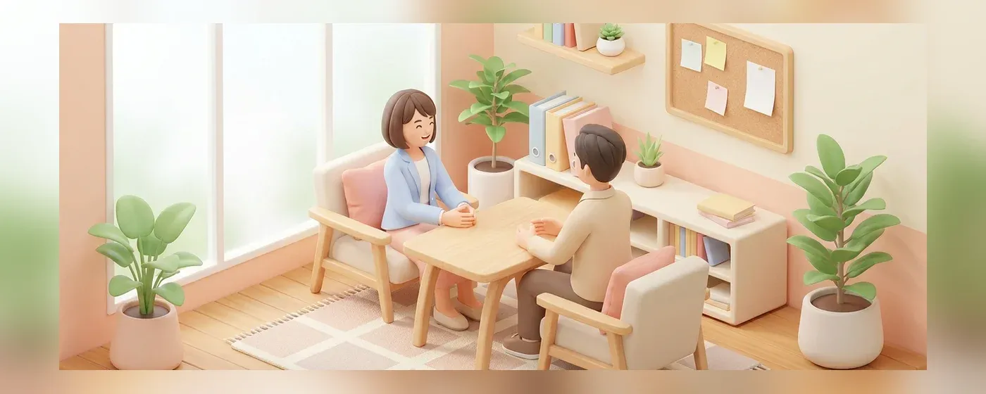 テーブルを挟んで和やかに相談をする二人の人物