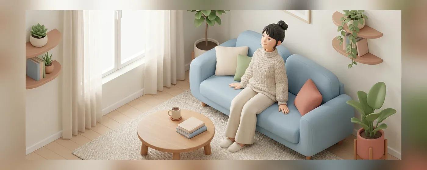 明るい部屋でリラックスしながら将来について考える女性
