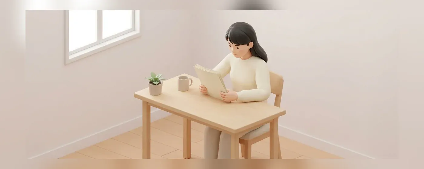 机の上で書類を真剣な表情で確認する女性