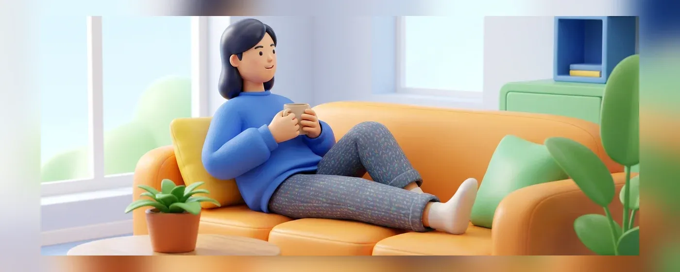 ソファでコーヒーを飲みながらリラックスして休日を過ごす人物