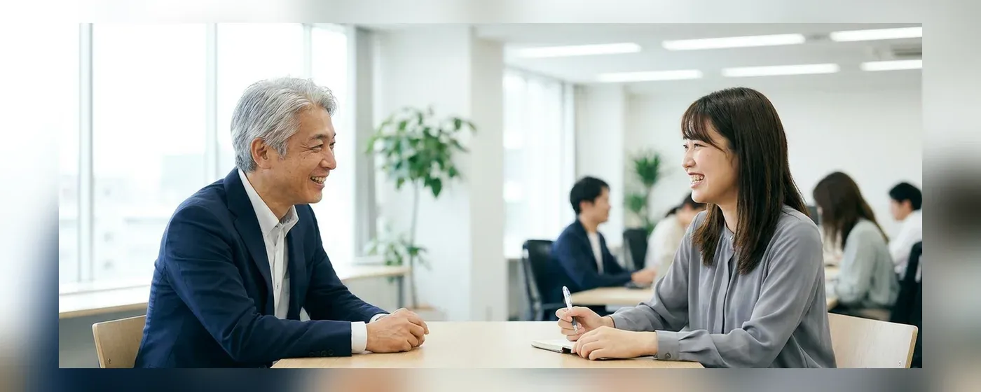 明るいオフィスで和やかに面談をするシニア世代の男性と若手女性
