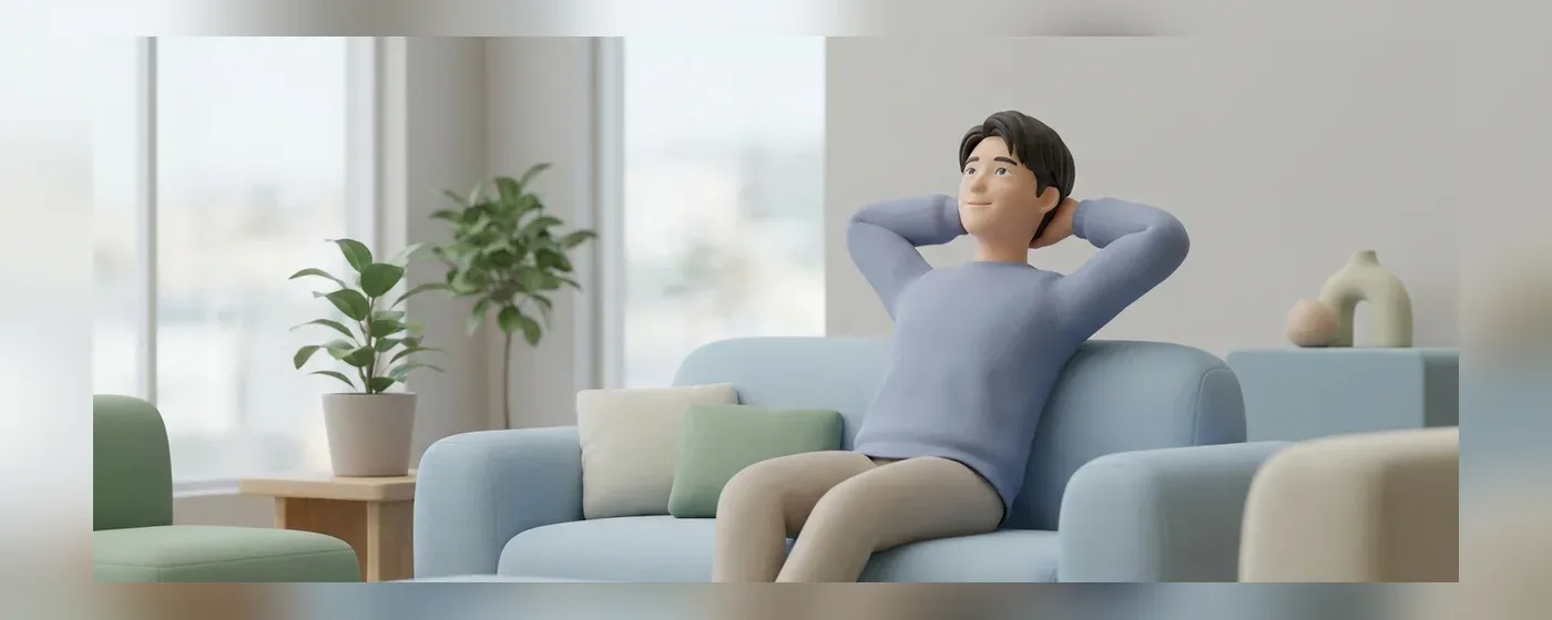 ソファでくつろぎながら笑顔で考え事をする男性