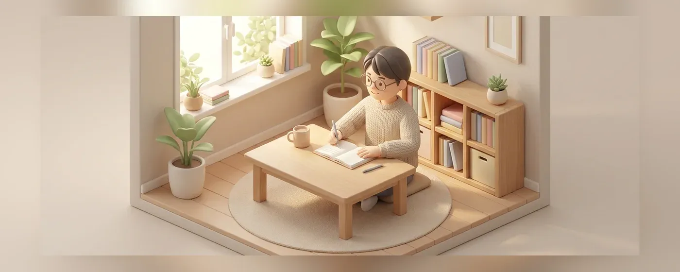 部屋でノートを開いて前向きに勉強する人物