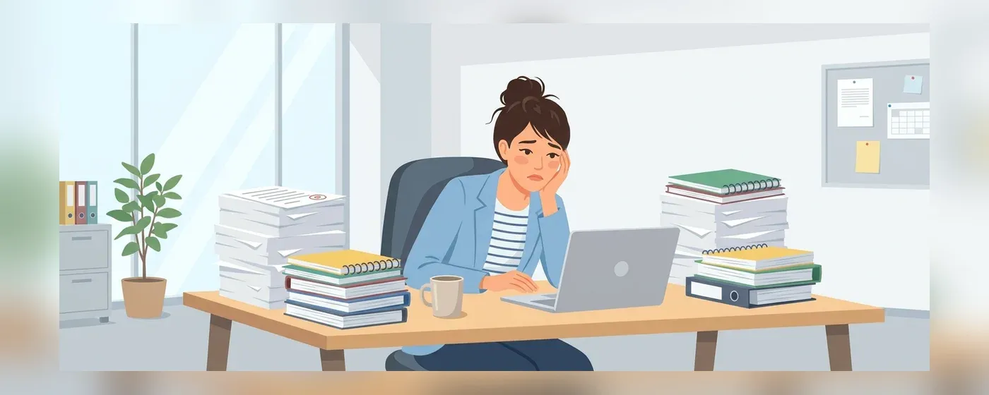 山積みの書類の前で少し疲れた表情を見せる若い塾講師