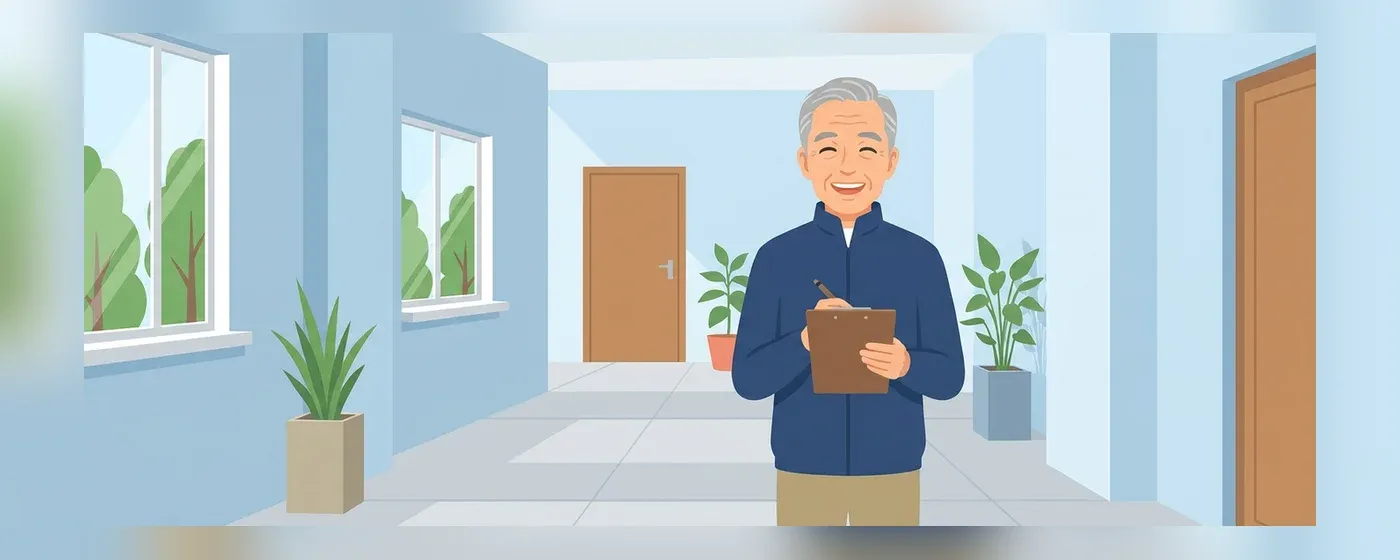 制服を着て笑顔でバインダーを持つシニア男性