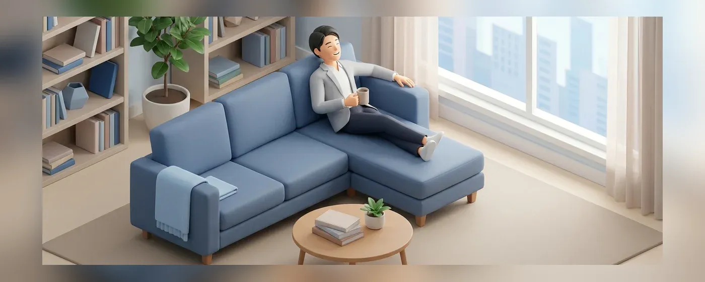部屋のソファでリラックスして安心した表情を浮かべる若手社員