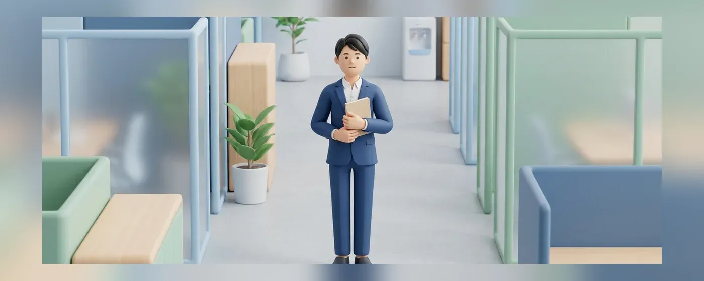 明るいオフィスでノートを手に持ち前向きな笑顔を見せるスーツ姿の若手社員