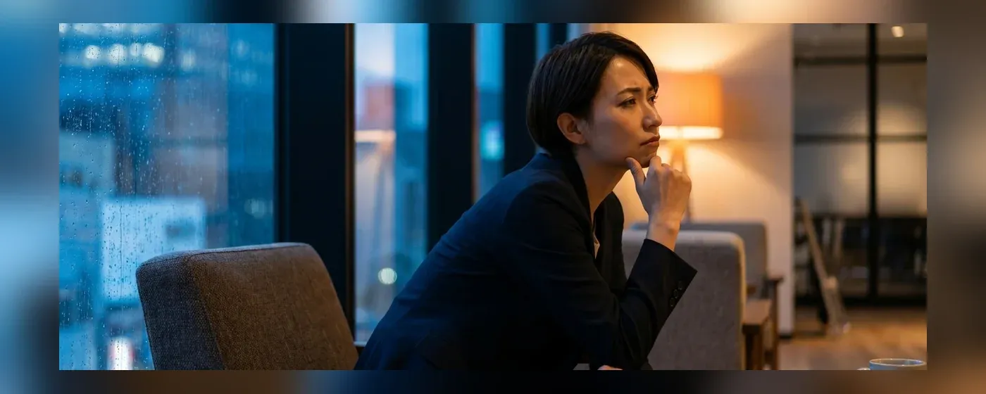 部屋で一人悩み考え込む若手の日本人ビジネスパーソン